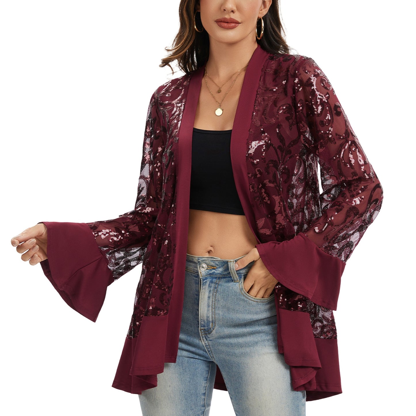 Anna-Kaci Women' s Sequin Mesh Cardigan with Sheer Embellished Sleeves and Flowing Open Front Design for Layering Style