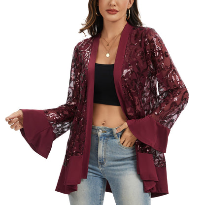 Anna-Kaci Women' s Sequin Mesh Cardigan with Sheer Embellished Sleeves and Flowing Open Front Design for Layering Style