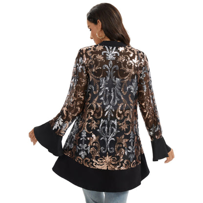 Anna-Kaci Women' s Sequin Mesh Cardigan with Sheer Embellished Sleeves and Flowing Open Front Design for Layering Style