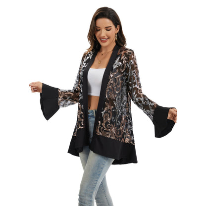 Anna-Kaci Women' s Sequin Mesh Cardigan with Sheer Embellished Sleeves and Flowing Open Front Design for Layering Style