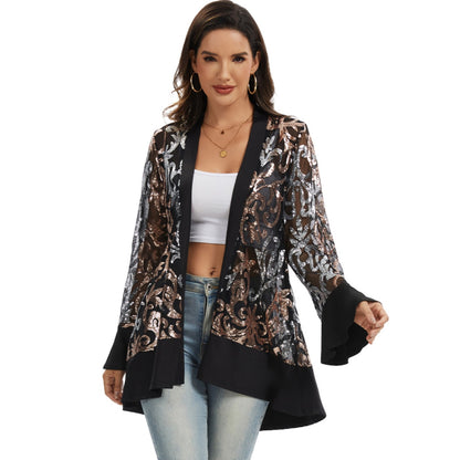 Anna-Kaci Women' s Sequin Mesh Cardigan with Sheer Embellished Sleeves and Flowing Open Front Design for Layering Style