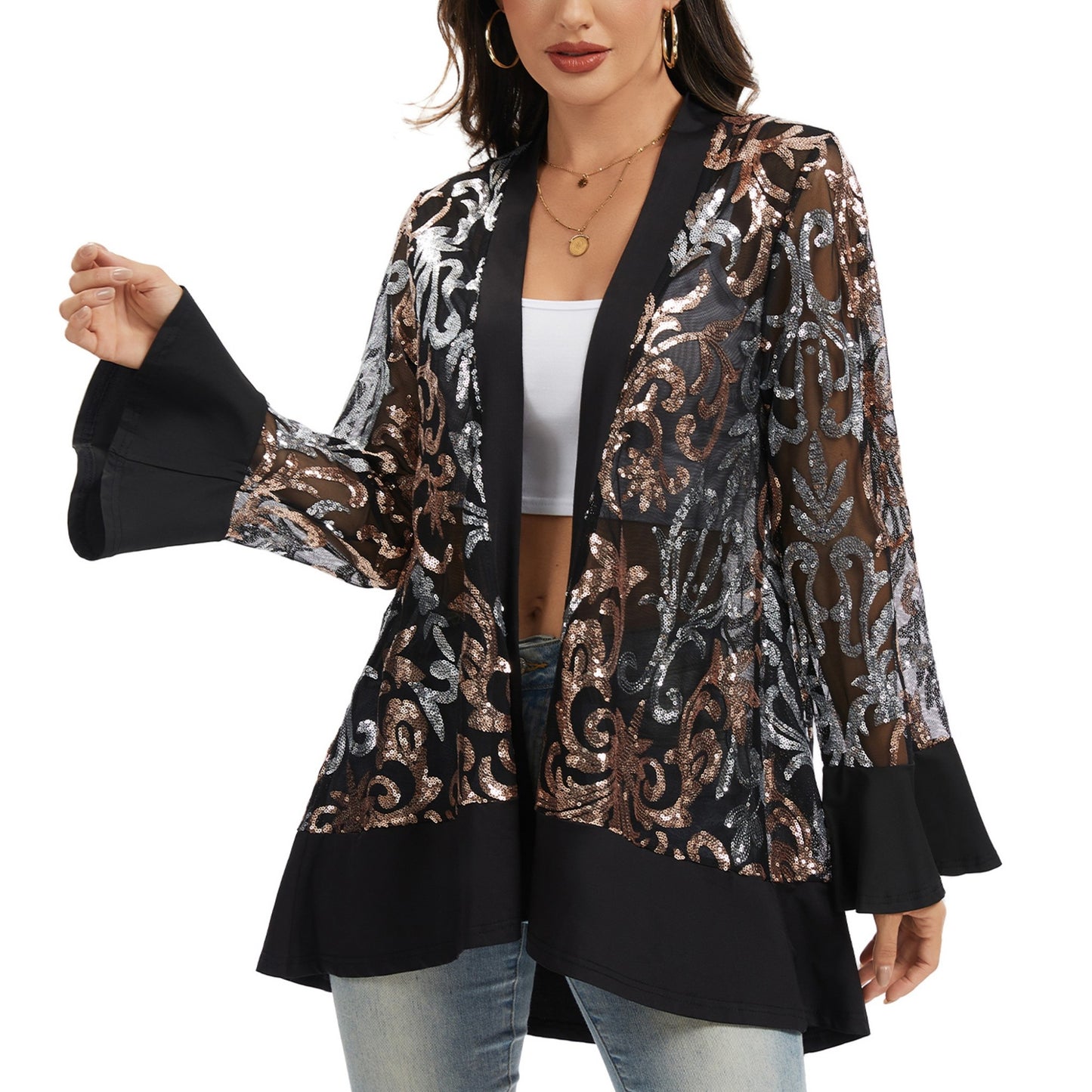 Anna-Kaci Women' s Sequin Mesh Cardigan with Sheer Embellished Sleeves and Flowing Open Front Design for Layering Style