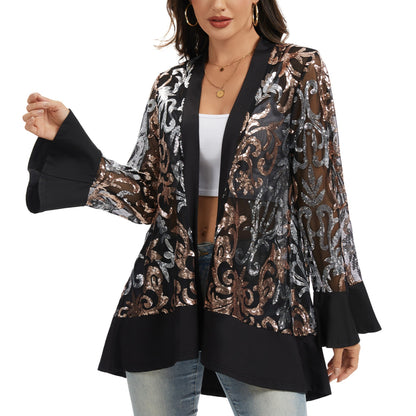 Anna-Kaci Women' s Sequin Mesh Cardigan with Sheer Embellished Sleeves and Flowing Open Front Design for Layering Style
