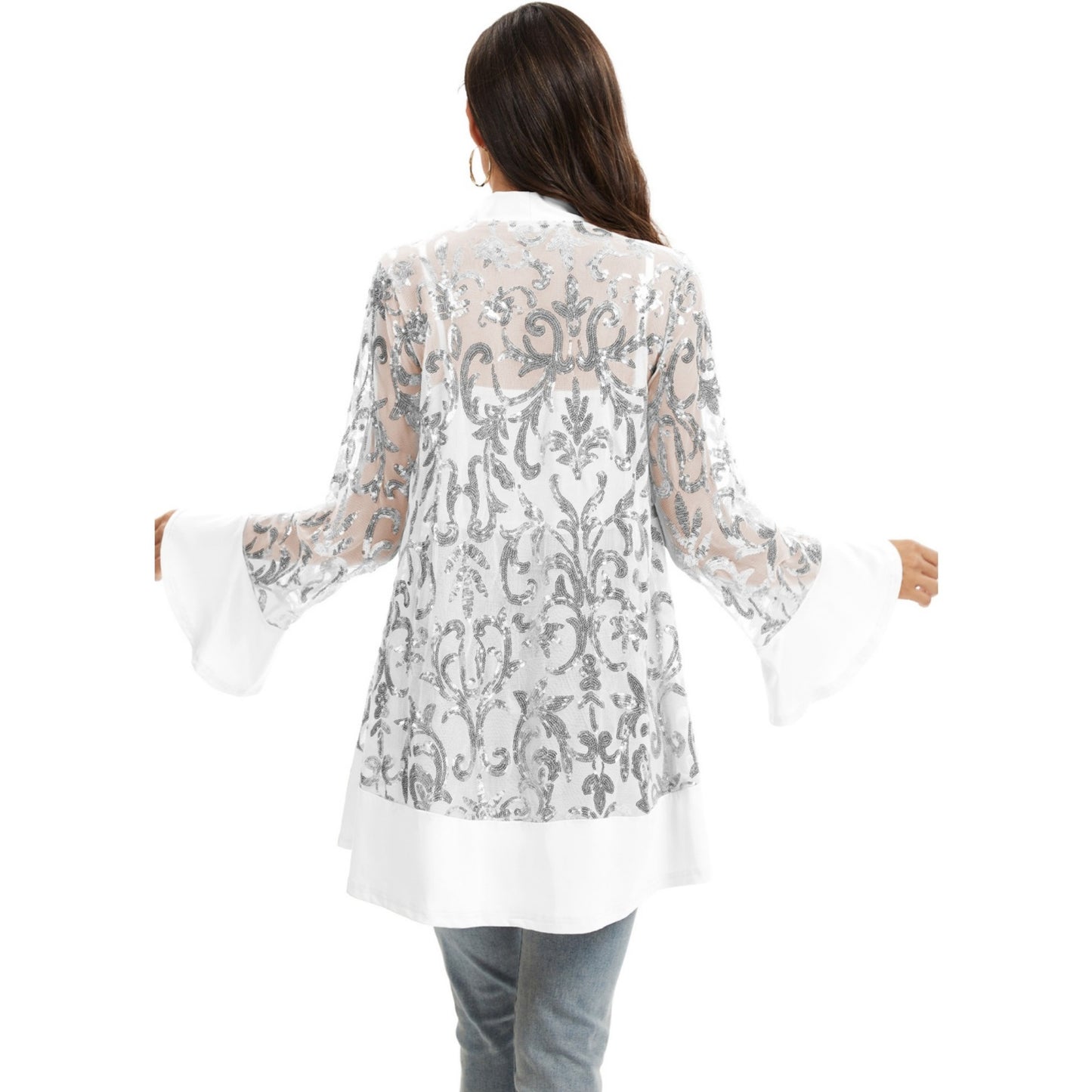 Anna-Kaci Women' s Sequin Mesh Cardigan with Sheer Embellished Sleeves and Flowing Open Front Design for Layering Style