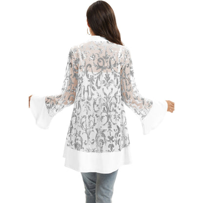 Anna-Kaci Women' s Sequin Mesh Cardigan with Sheer Embellished Sleeves and Flowing Open Front Design for Layering Style