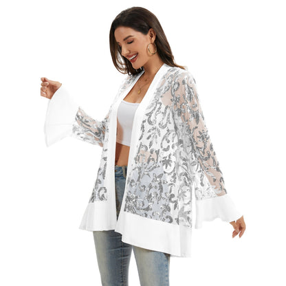 Anna-Kaci Women' s Sequin Mesh Cardigan with Sheer Embellished Sleeves and Flowing Open Front Design for Layering Style