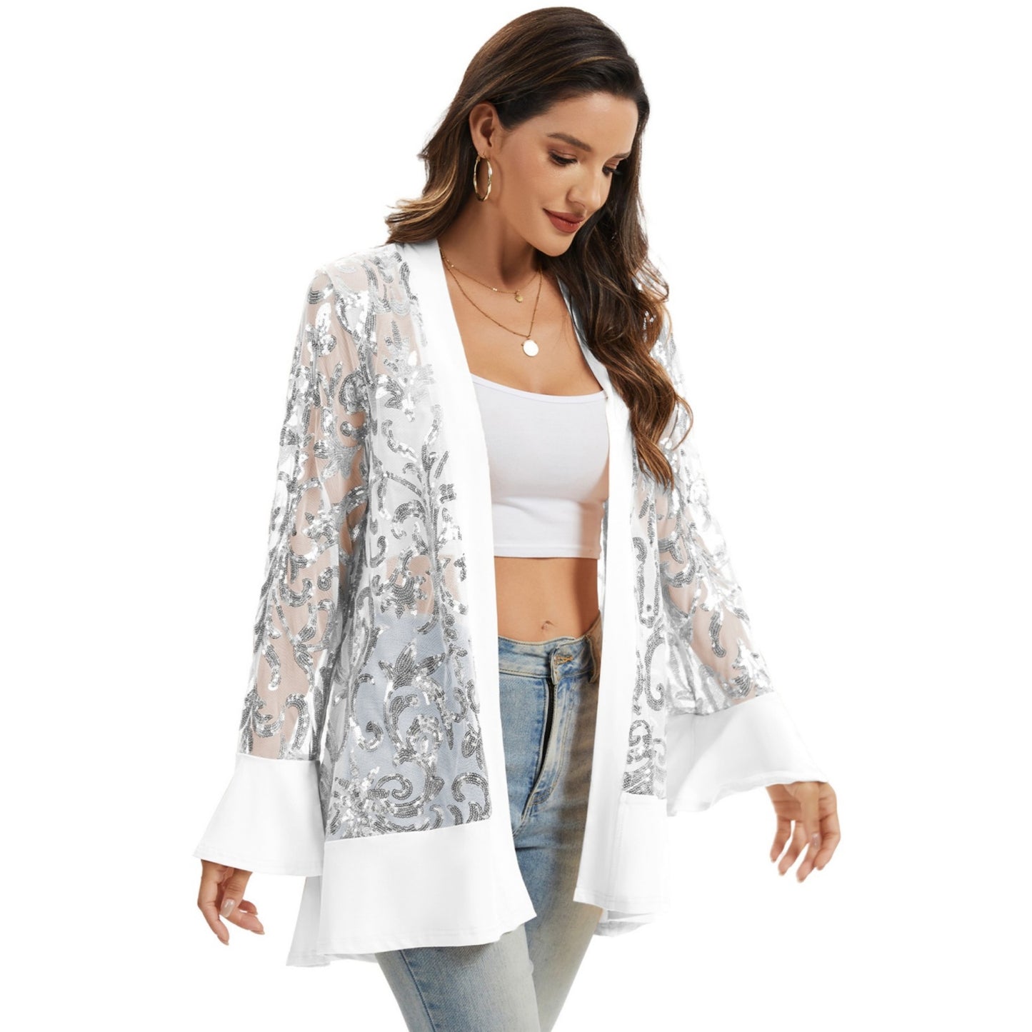 Anna-Kaci Women' s Sequin Mesh Cardigan with Sheer Embellished Sleeves and Flowing Open Front Design for Layering Style