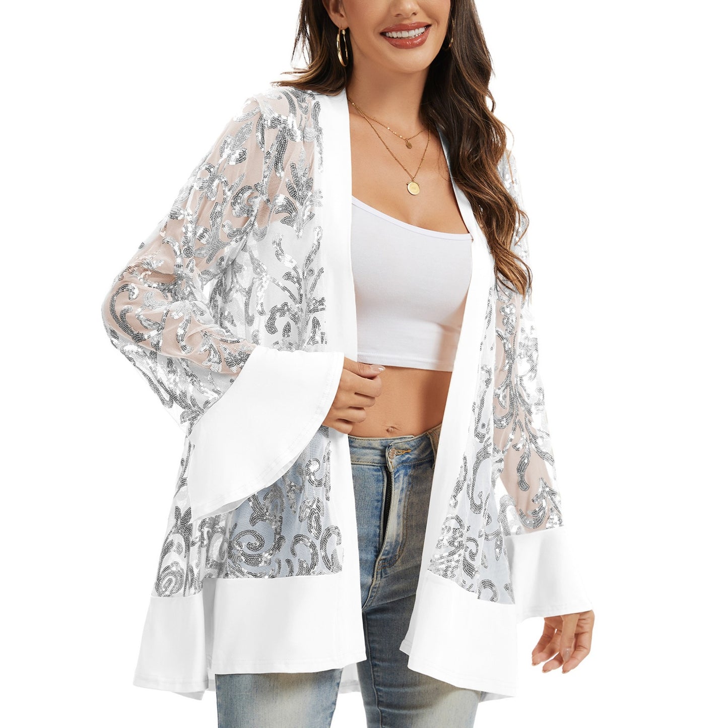 Anna-Kaci Women' s Sequin Mesh Cardigan with Sheer Embellished Sleeves and Flowing Open Front Design for Layering Style