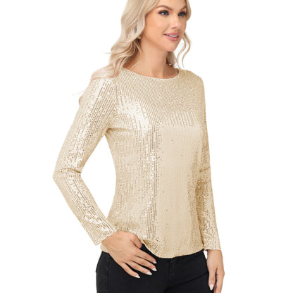 Anna-Kaci Women's Long Sleeve Sequin Top with Crew Neck and Fitted Silhouette