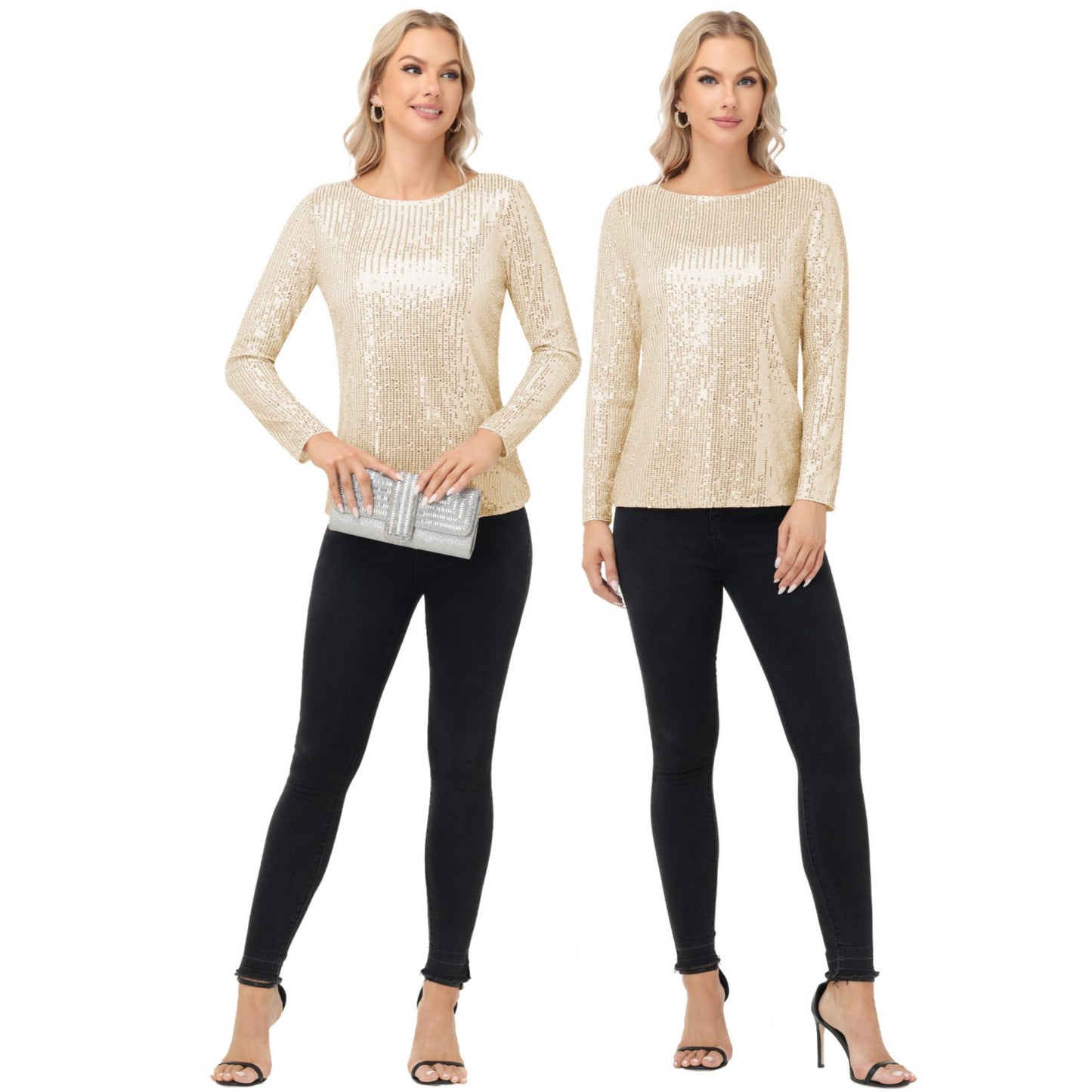 Anna-Kaci Women's Long Sleeve Sequin Top with Crew Neck and Fitted Silhouette