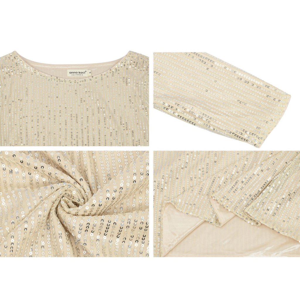 Anna-Kaci Women's Long Sleeve Sequin Top with Crew Neck and Fitted Silhouette