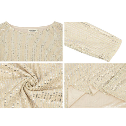 Anna-Kaci Women's Long Sleeve Sequin Top with Crew Neck and Fitted Silhouette