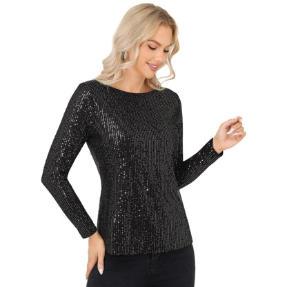 Anna-Kaci Women's Long Sleeve Sequin Top with Crew Neck and Fitted Silhouette