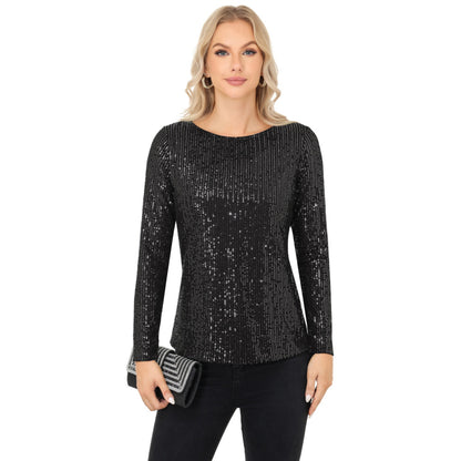 Anna-Kaci Women's Long Sleeve Sequin Top with Crew Neck and Fitted Silhouette