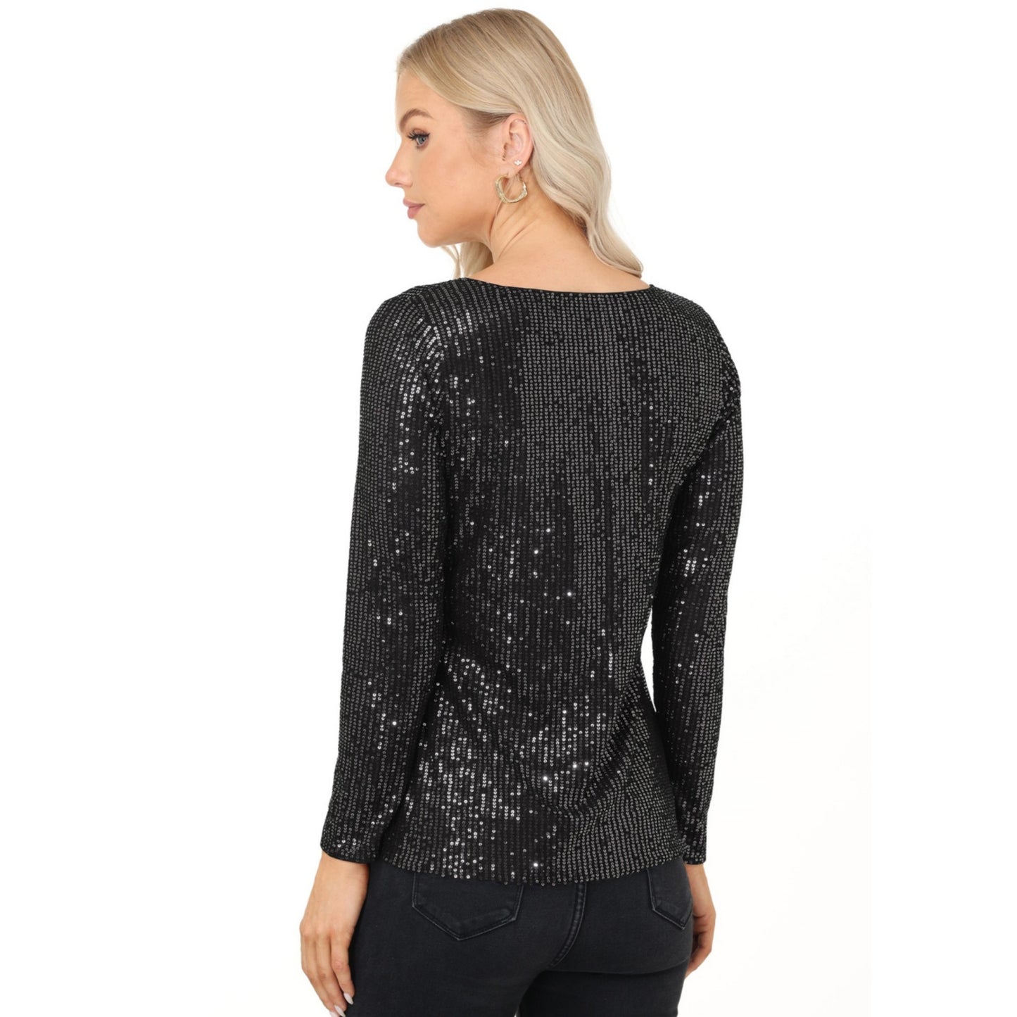 Anna-Kaci Women's Long Sleeve Sequin Top with Crew Neck and Fitted Silhouette