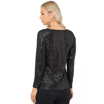 Anna-Kaci Women's Long Sleeve Sequin Top with Crew Neck and Fitted Silhouette