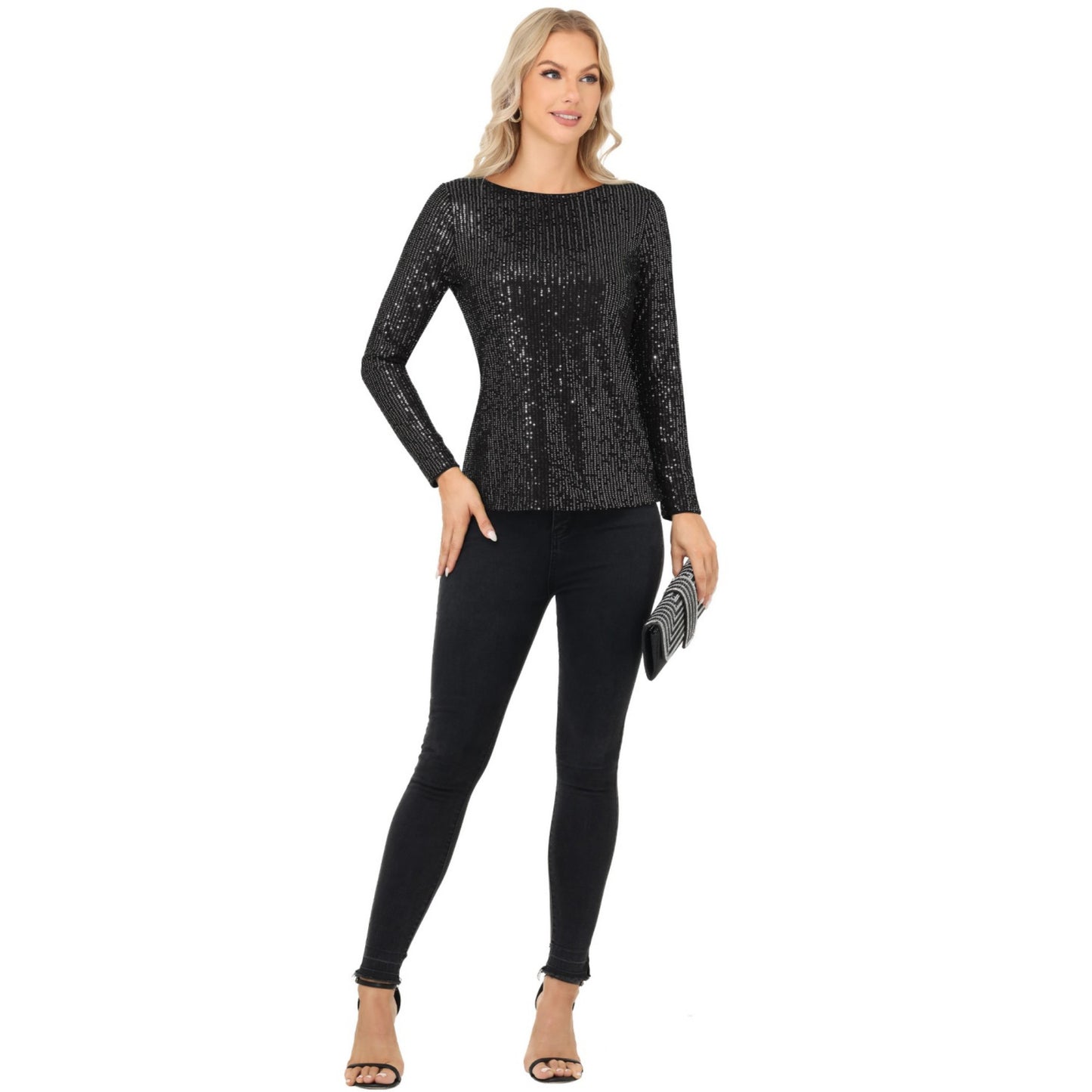 Anna-Kaci Women's Long Sleeve Sequin Top with Crew Neck and Fitted Silhouette