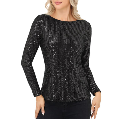 Anna-Kaci Women's Long Sleeve Sequin Top with Crew Neck and Fitted Silhouette