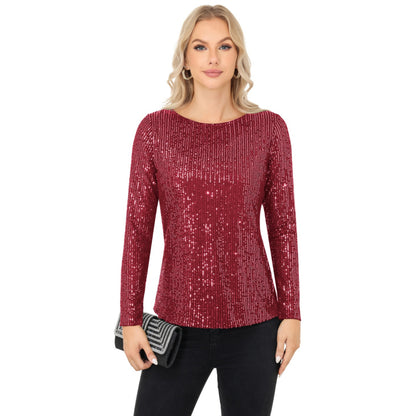 Anna-Kaci Women's Long Sleeve Sequin Top with Crew Neck and Fitted Silhouette