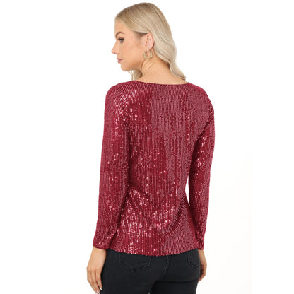 Anna-Kaci Women's Long Sleeve Sequin Top with Crew Neck and Fitted Silhouette