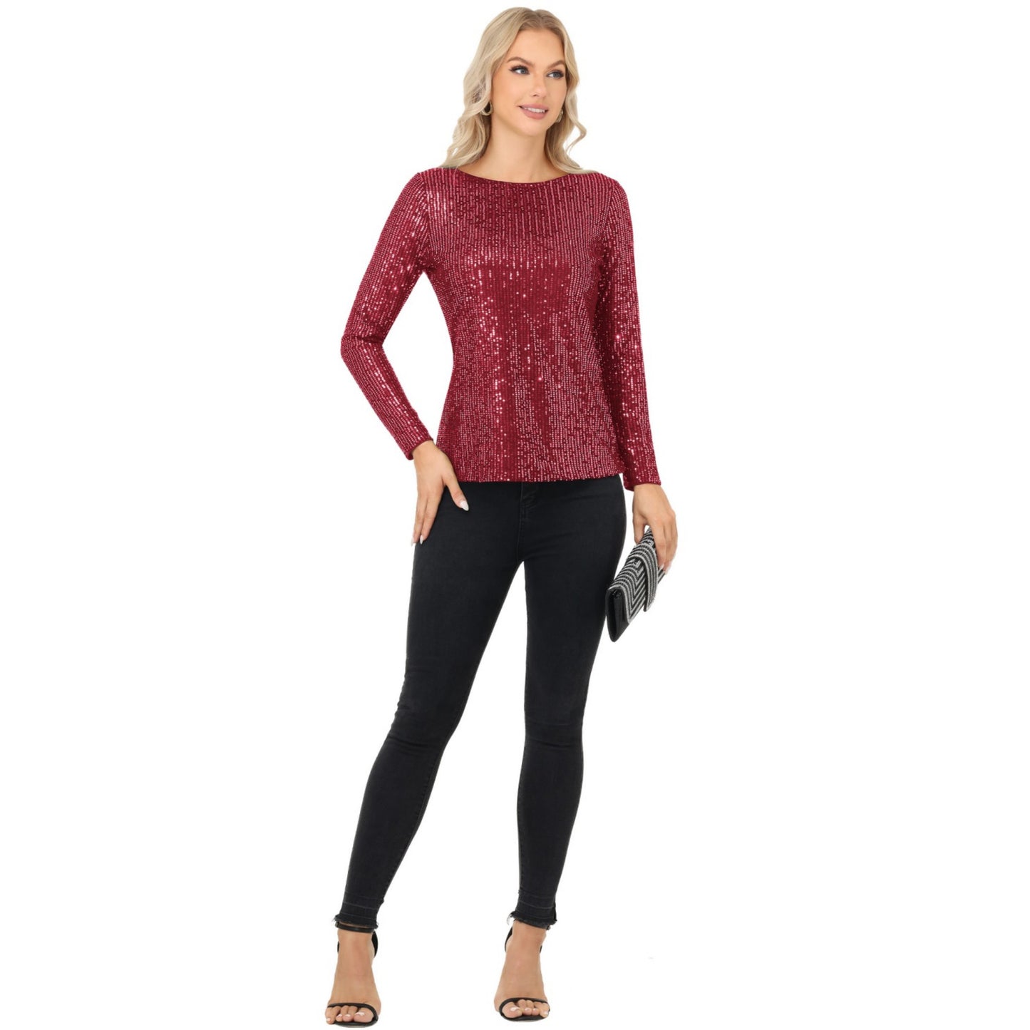 Anna-Kaci Women's Long Sleeve Sequin Top with Crew Neck and Fitted Silhouette