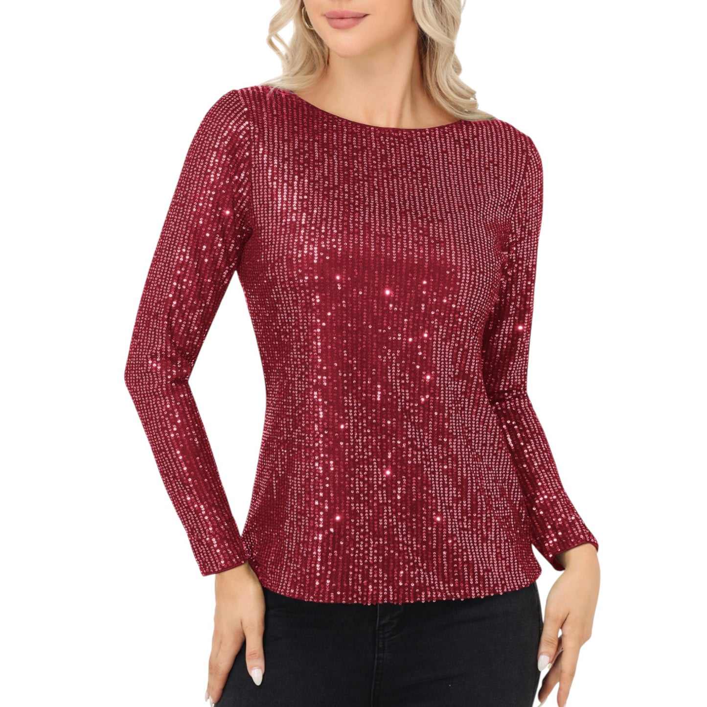 Anna-Kaci Women's Long Sleeve Sequin Top with Crew Neck and Fitted Silhouette
