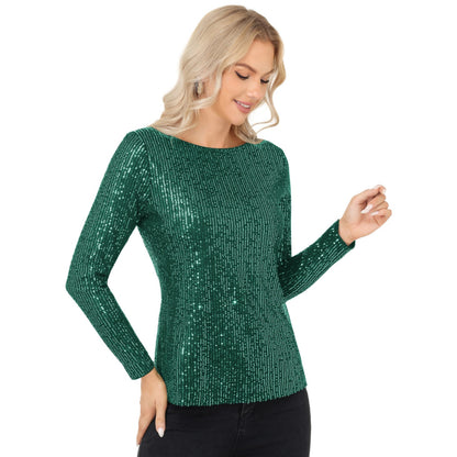 Anna-Kaci Women's Long Sleeve Sequin Top with Crew Neck and Fitted Silhouette