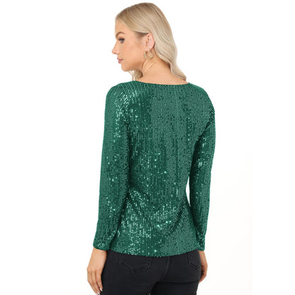 Anna-Kaci Women's Long Sleeve Sequin Top with Crew Neck and Fitted Silhouette