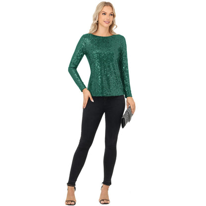 Anna-Kaci Women's Long Sleeve Sequin Top with Crew Neck and Fitted Silhouette