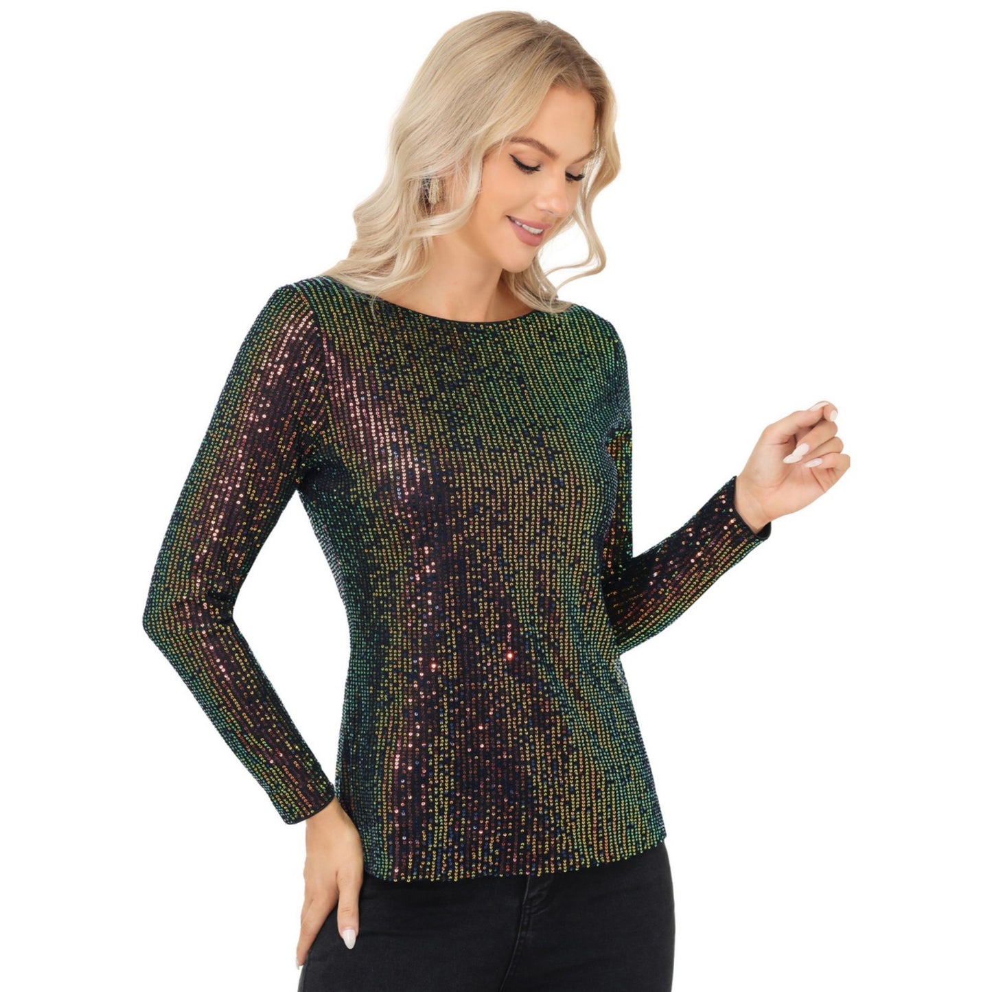 Anna-Kaci Women's Long Sleeve Sequin Top with Crew Neck and Fitted Silhouette