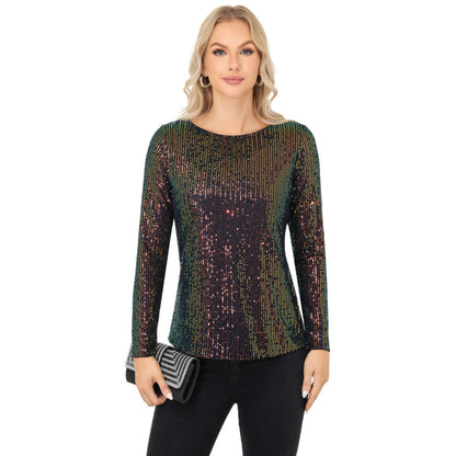 Anna-Kaci Women's Long Sleeve Sequin Top with Crew Neck and Fitted Silhouette