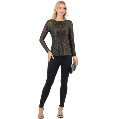 Anna-Kaci Women's Long Sleeve Sequin Top with Crew Neck and Fitted Silhouette