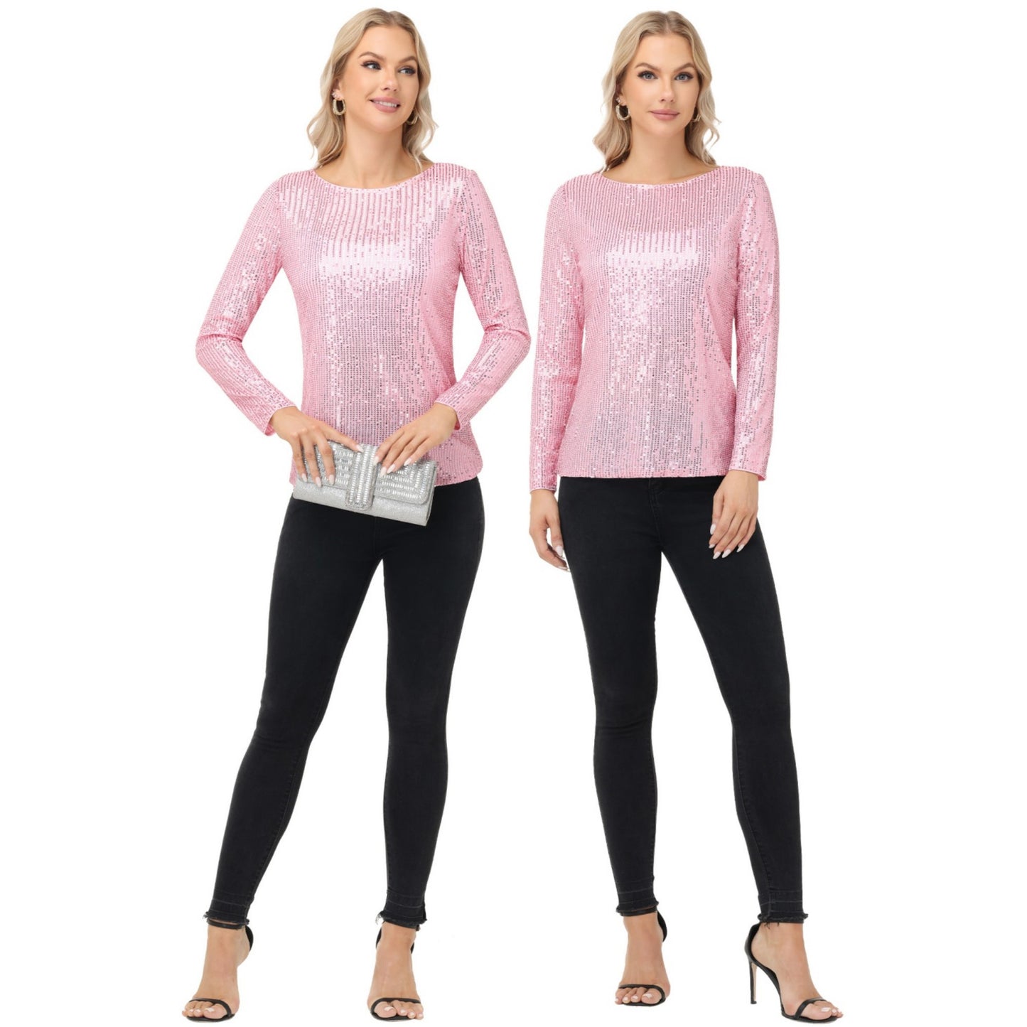 Anna-Kaci Women's Long Sleeve Sequin Top with Crew Neck and Fitted Silhouette