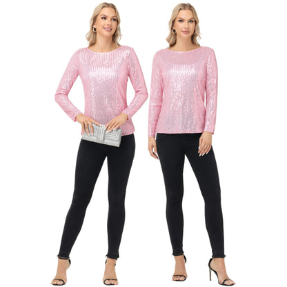 Anna-Kaci Women's Long Sleeve Sequin Top with Crew Neck and Fitted Silhouette