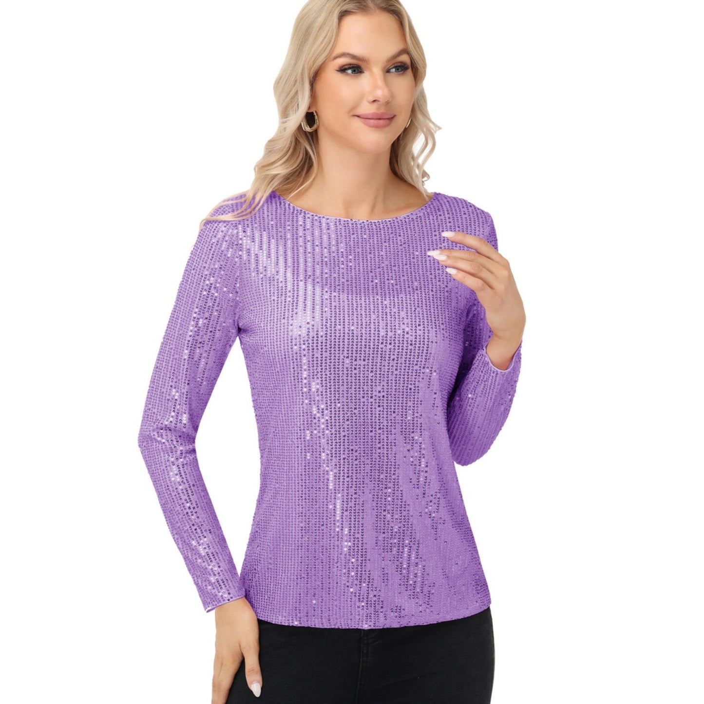 Anna-Kaci Women's Long Sleeve Sequin Top with Crew Neck and Fitted Silhouette
