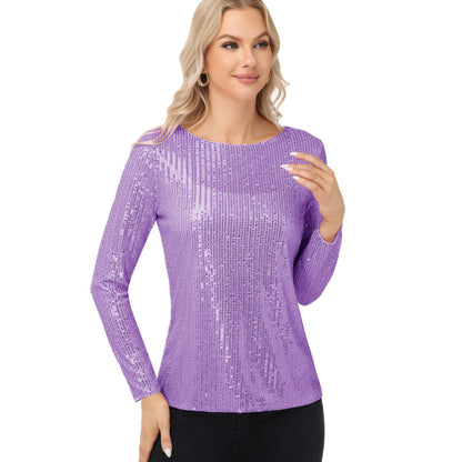 Anna-Kaci Women's Long Sleeve Sequin Top with Crew Neck and Fitted Silhouette