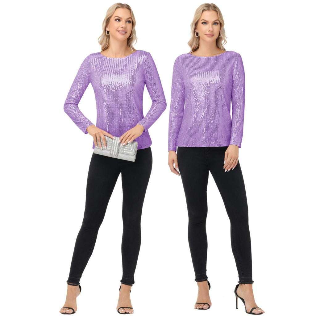 Anna-Kaci Women's Long Sleeve Sequin Top with Crew Neck and Fitted Silhouette