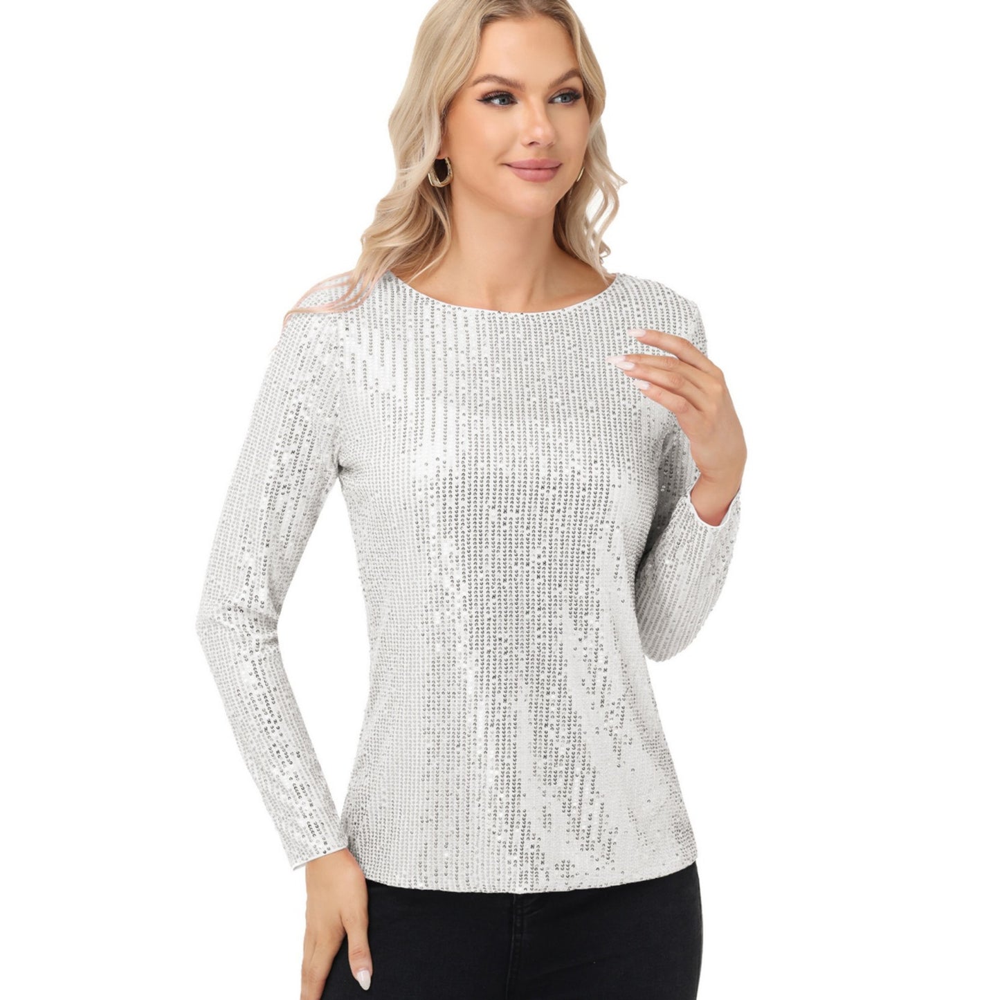 Anna-Kaci Women's Long Sleeve Sequin Top with Crew Neck and Fitted Silhouette