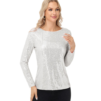Anna-Kaci Women's Long Sleeve Sequin Top with Crew Neck and Fitted Silhouette
