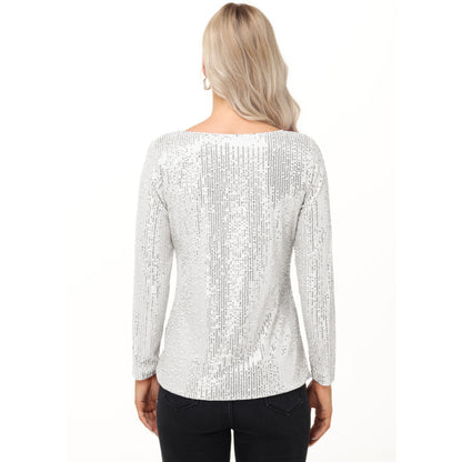 Anna-Kaci Women's Long Sleeve Sequin Top with Crew Neck and Fitted Silhouette