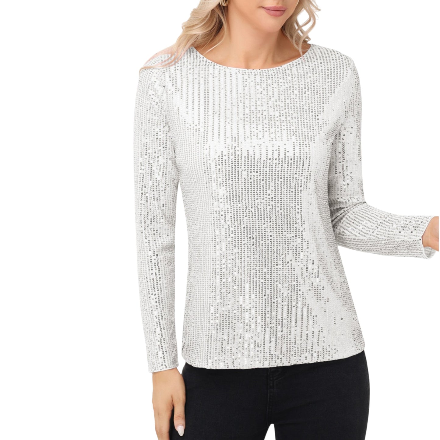 Anna-Kaci Women's Long Sleeve Sequin Top with Crew Neck and Fitted Silhouette