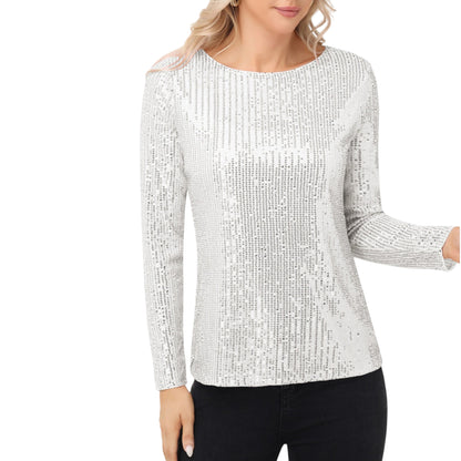 Anna-Kaci Women's Long Sleeve Sequin Top with Crew Neck and Fitted Silhouette