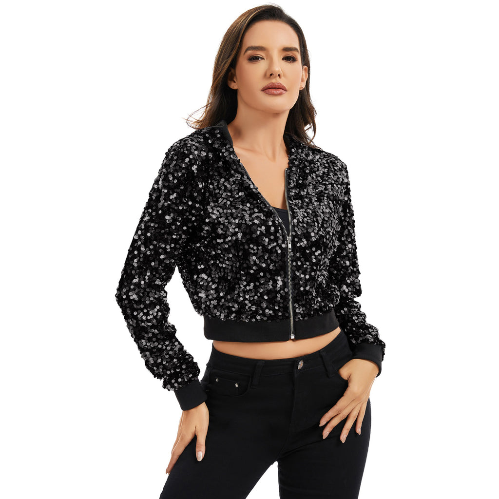 Anna-Kaci Women's Sequin Zip-Up Hooded Jacket with Ribbed Hem and Long Sleeves for Party Wear