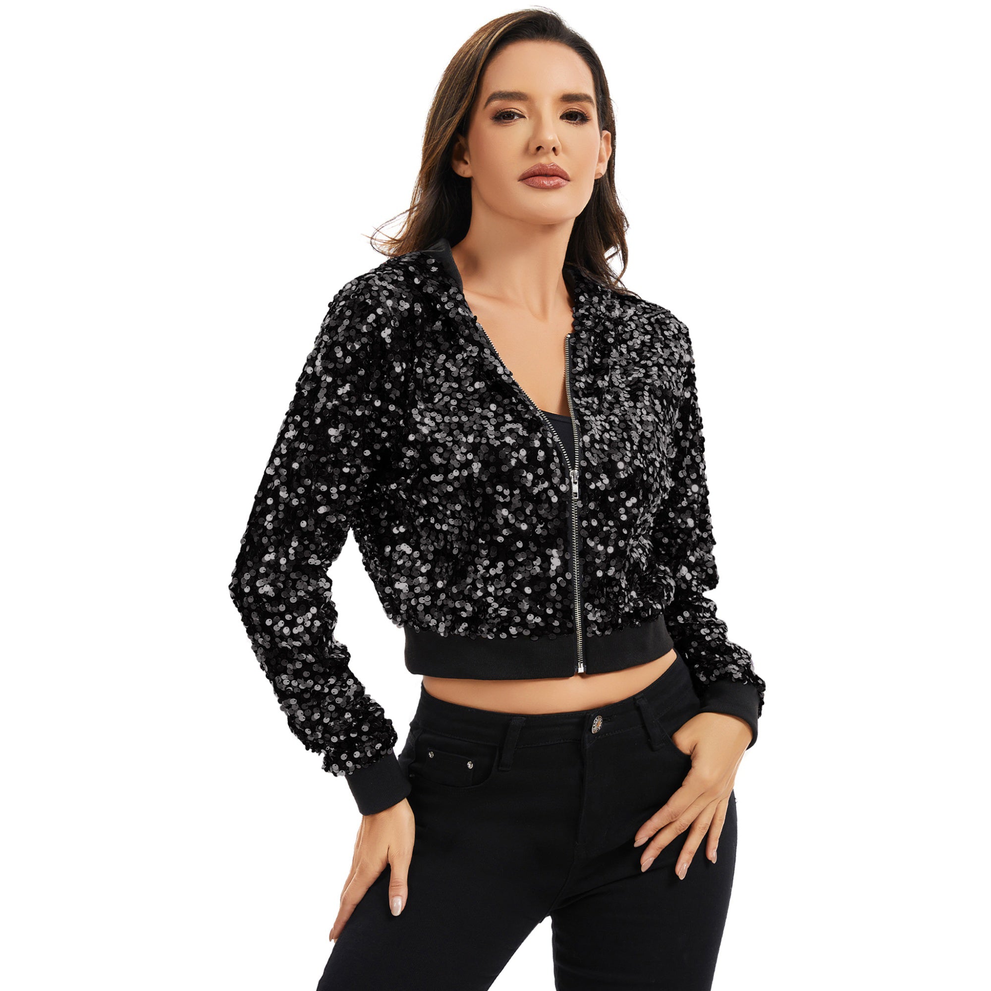Anna-Kaci Women's Sequin Zip-Up Hooded Jacket with Ribbed Hem and Long Sleeves for Party Wear