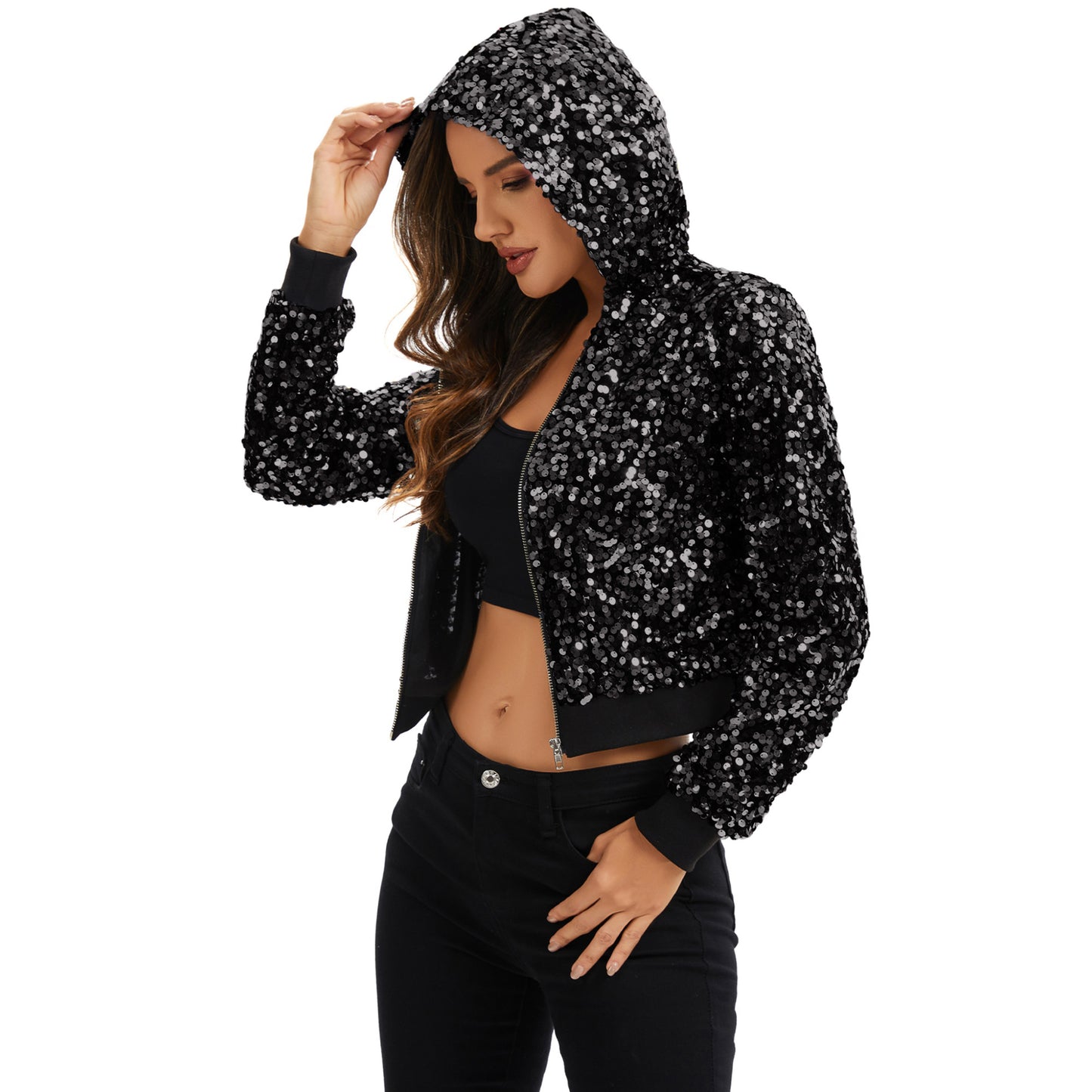 Anna-Kaci Women's Sequin Zip-Up Hooded Jacket with Ribbed Hem and Long Sleeves for Party Wear