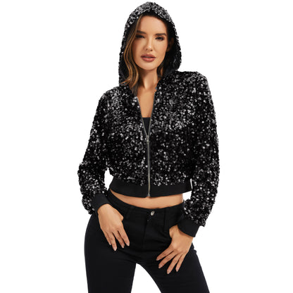Anna-Kaci Women's Sequin Zip-Up Hooded Jacket with Ribbed Hem and Long Sleeves for Party Wear