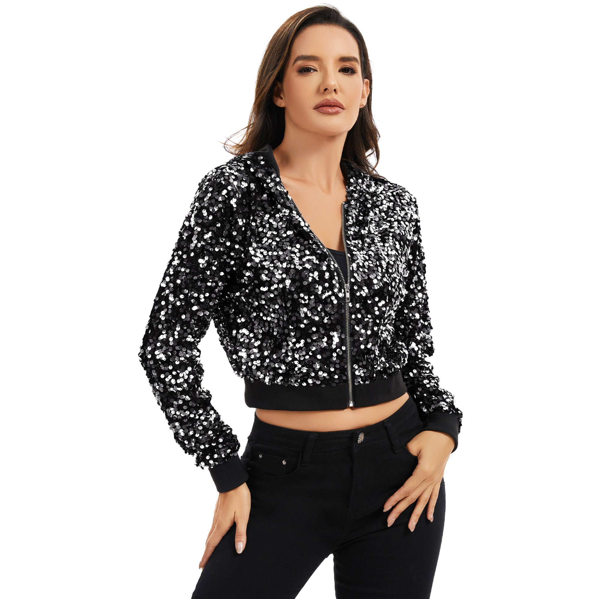Anna-Kaci Women's Sequin Zip-Up Hooded Jacket with Ribbed Hem and Long Sleeves for Party Wear