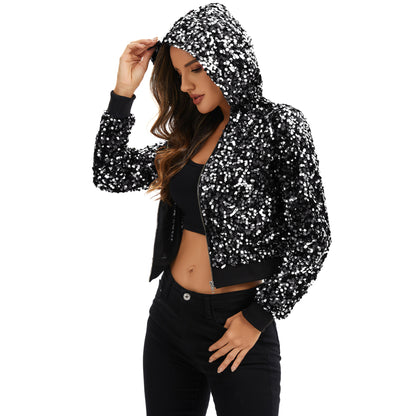 Anna-Kaci Women's Sequin Zip-Up Hooded Jacket with Ribbed Hem and Long Sleeves for Party Wear