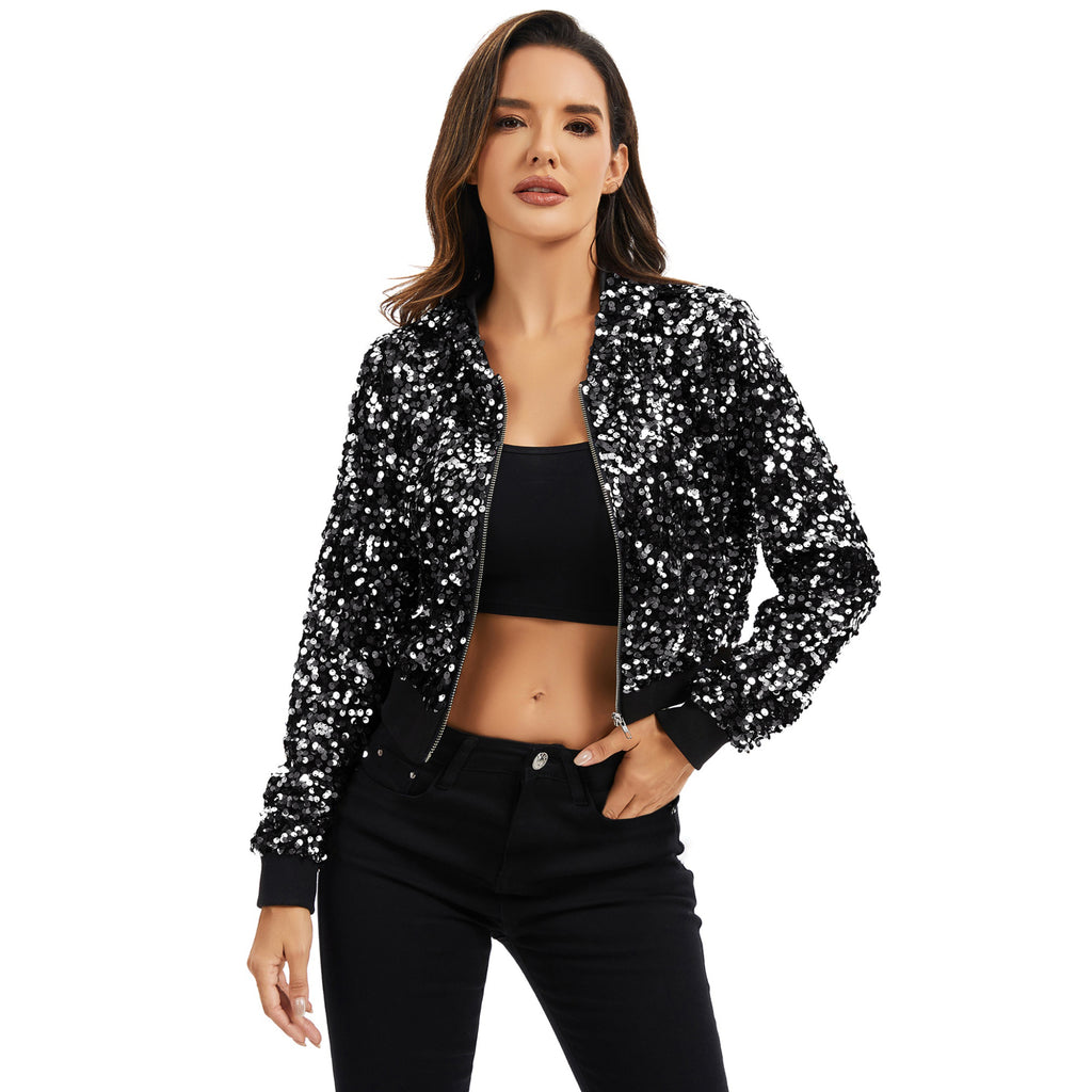 Anna-Kaci Women's Sequin Zip-Up Hooded Jacket with Ribbed Hem and Long Sleeves for Party Wear