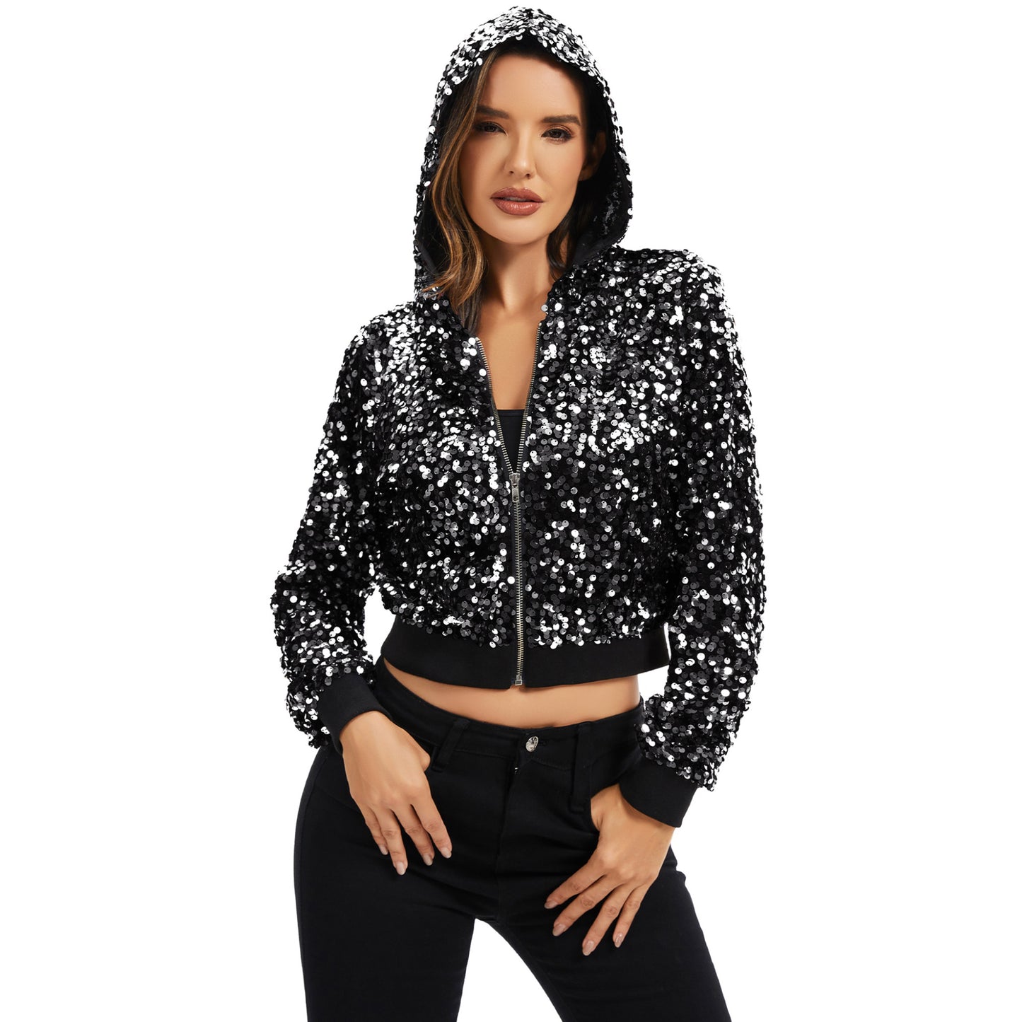 Anna-Kaci Women's Sequin Zip-Up Hooded Jacket with Ribbed Hem and Long Sleeves for Party Wear